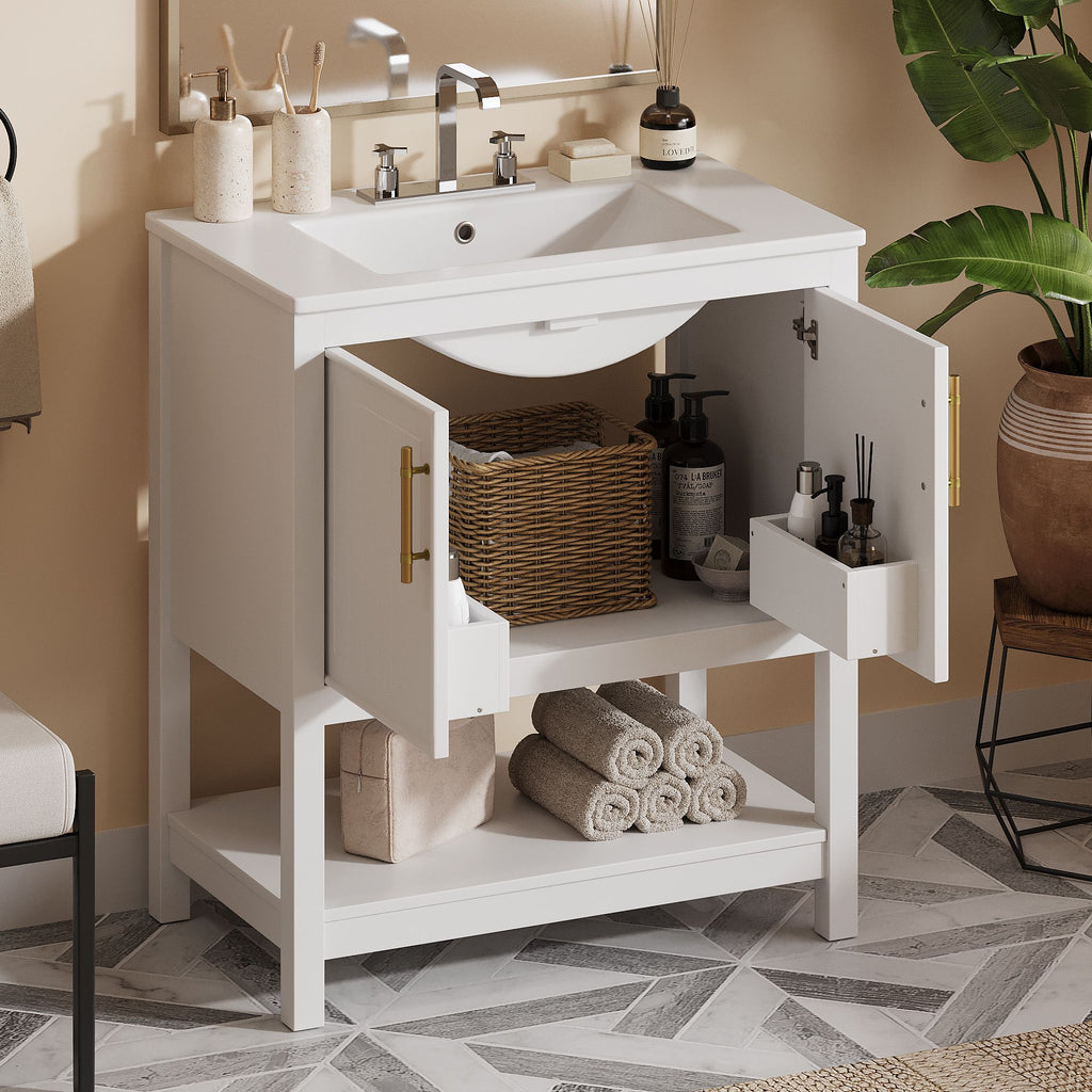 30- White Bathroom Vanity with Gold Decor and Soft Close Doors