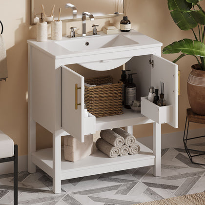 30- White Bathroom Vanity with Gold Decor and Soft Close Doors