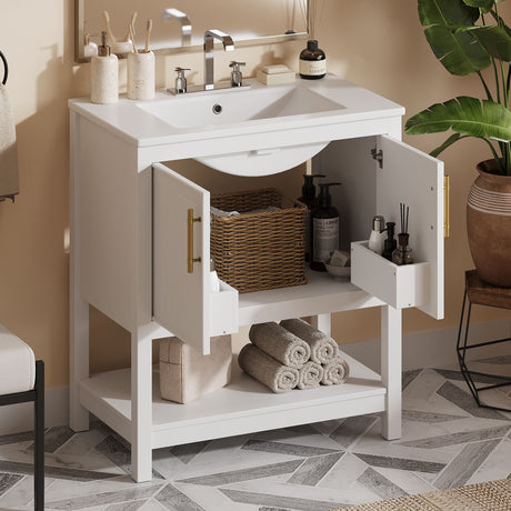 30- White Bathroom Vanity with Gold Decor and Soft Close Doors