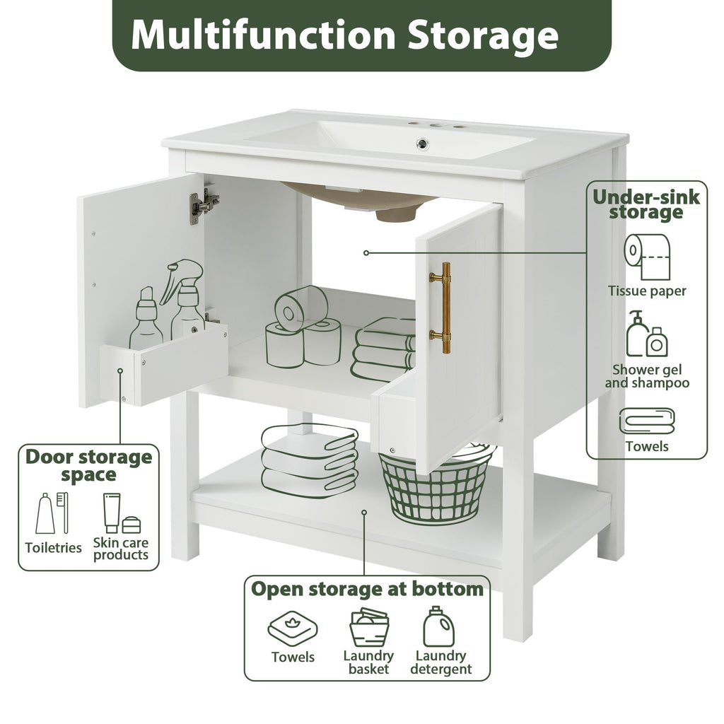 30- White Bathroom Vanity with Gold Decor and Soft Close Doors