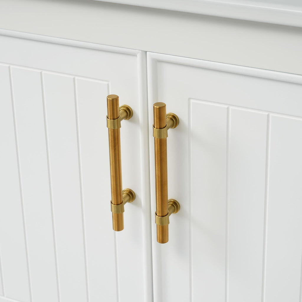 30- White Bathroom Vanity with Gold Decor and Soft Close Doors