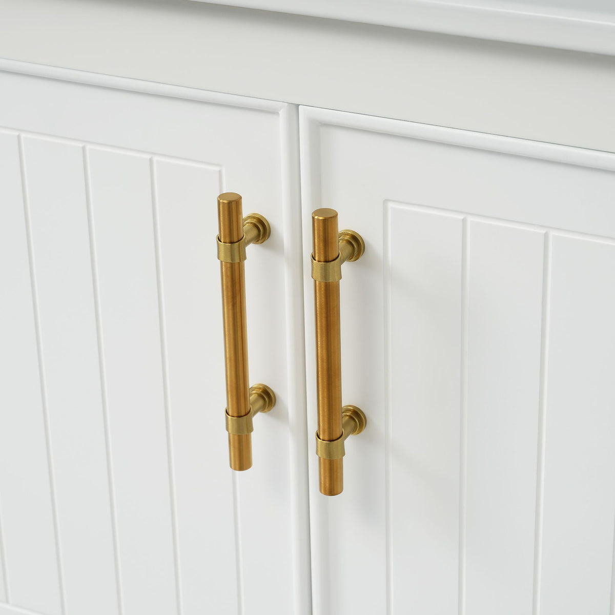 30- White Bathroom Vanity with Gold Decor and Soft Close Doors