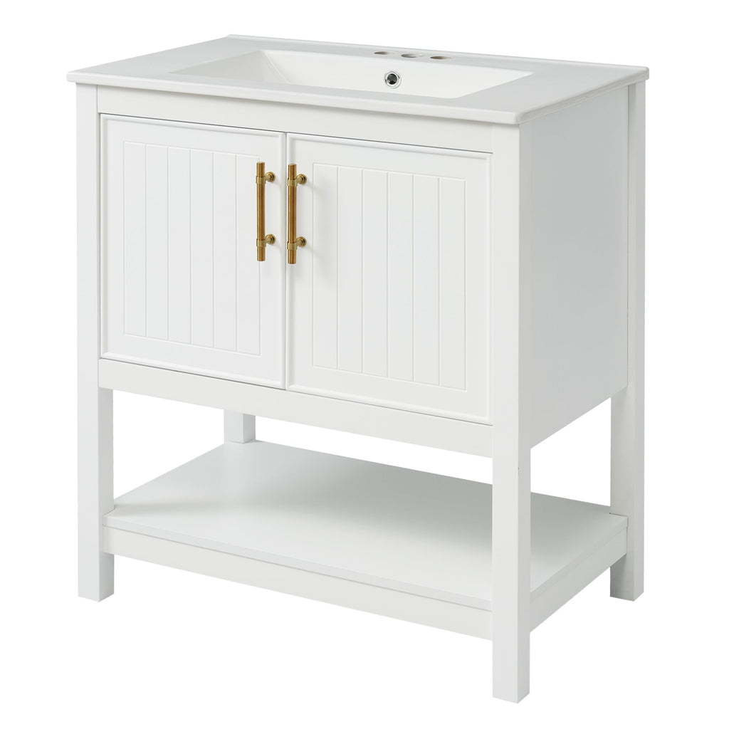 30- White Bathroom Vanity with Gold Decor and Soft Close Doors
