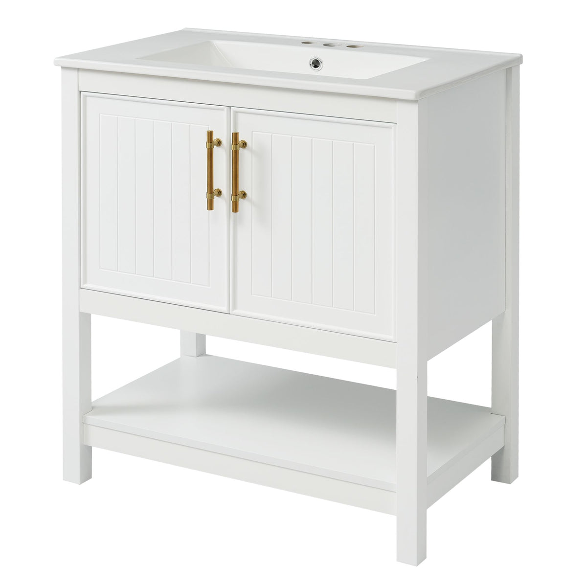 30- White Bathroom Vanity with Gold Decor and Soft Close Doors