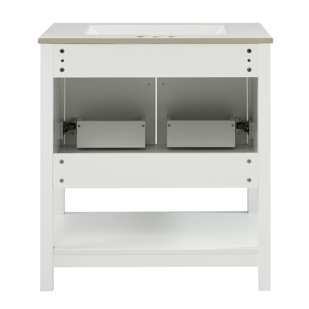 30- White Bathroom Vanity with Gold Decor and Soft Close Doors