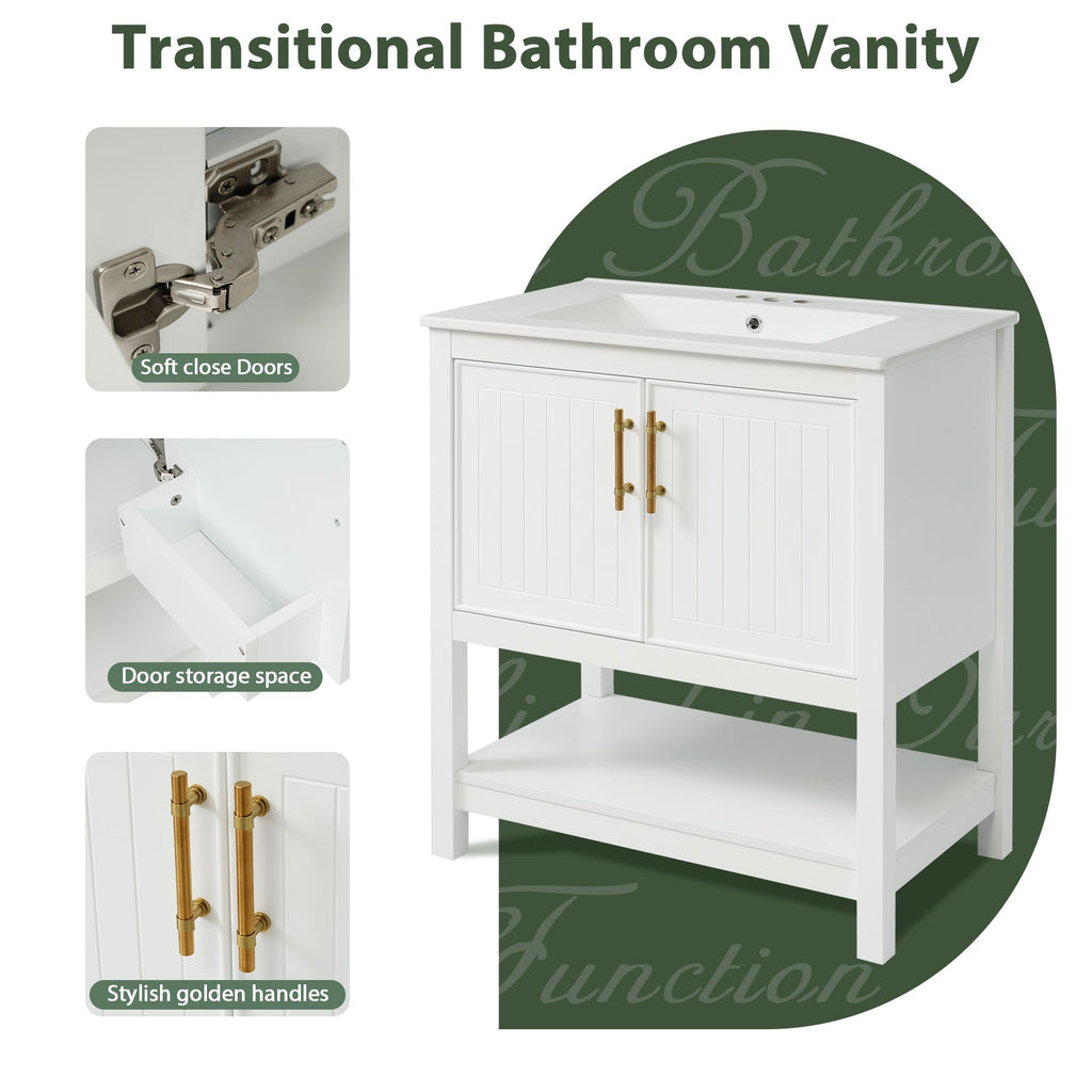 30- White Bathroom Vanity with Gold Decor and Soft Close Doors