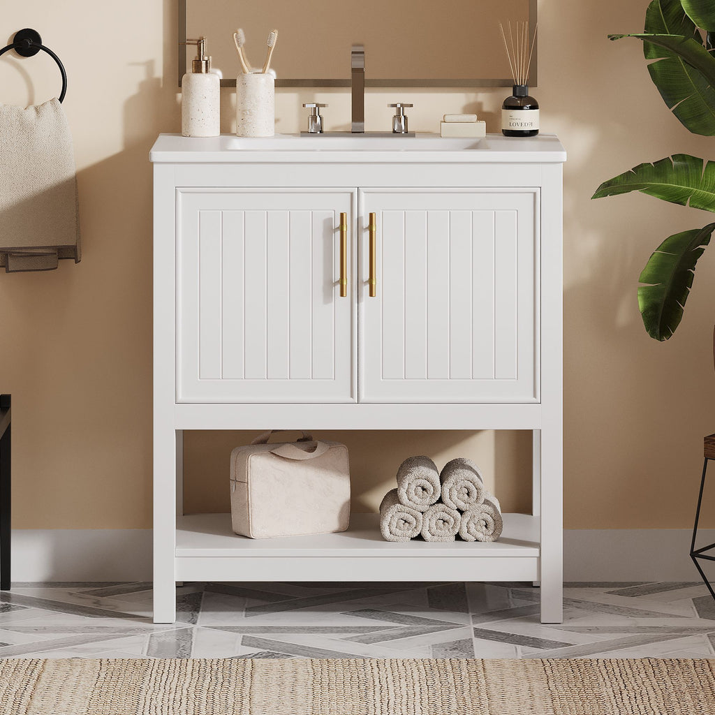 30- White Bathroom Vanity with Gold Decor and Soft Close Doors