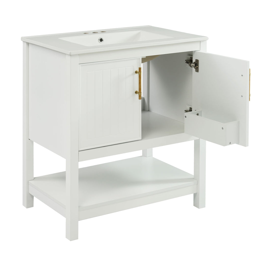 30- White Bathroom Vanity with Gold Decor and Soft Close Doors
