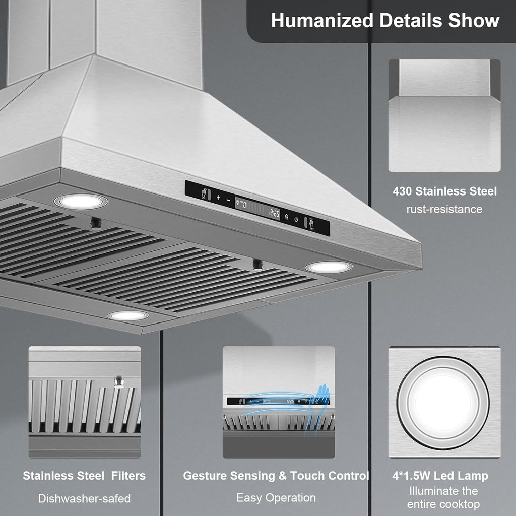 Powerful 700 CFM Island Range Hood with Gesture Control & 4 LED Lights