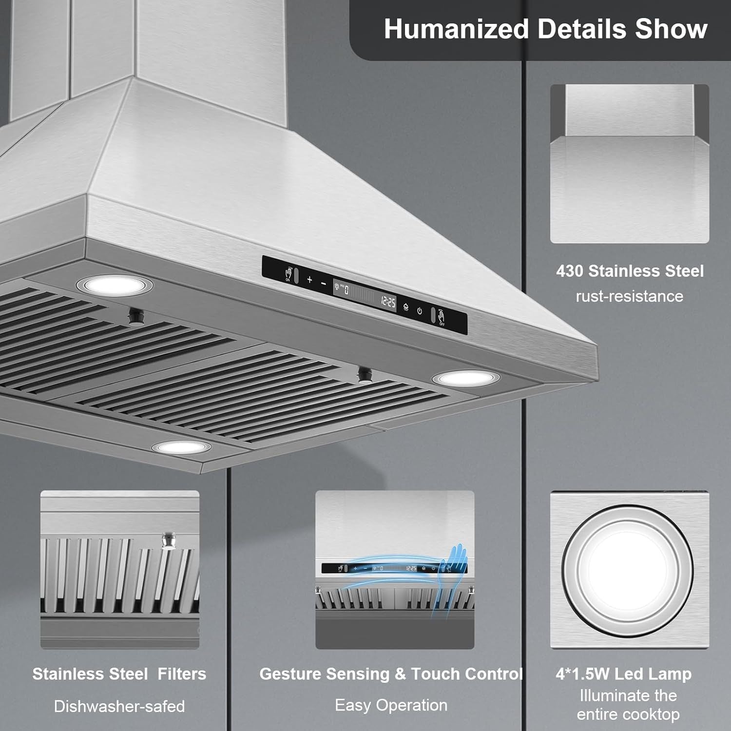 Powerful 700 CFM Island Range Hood with Gesture Control & 4 LED Lights