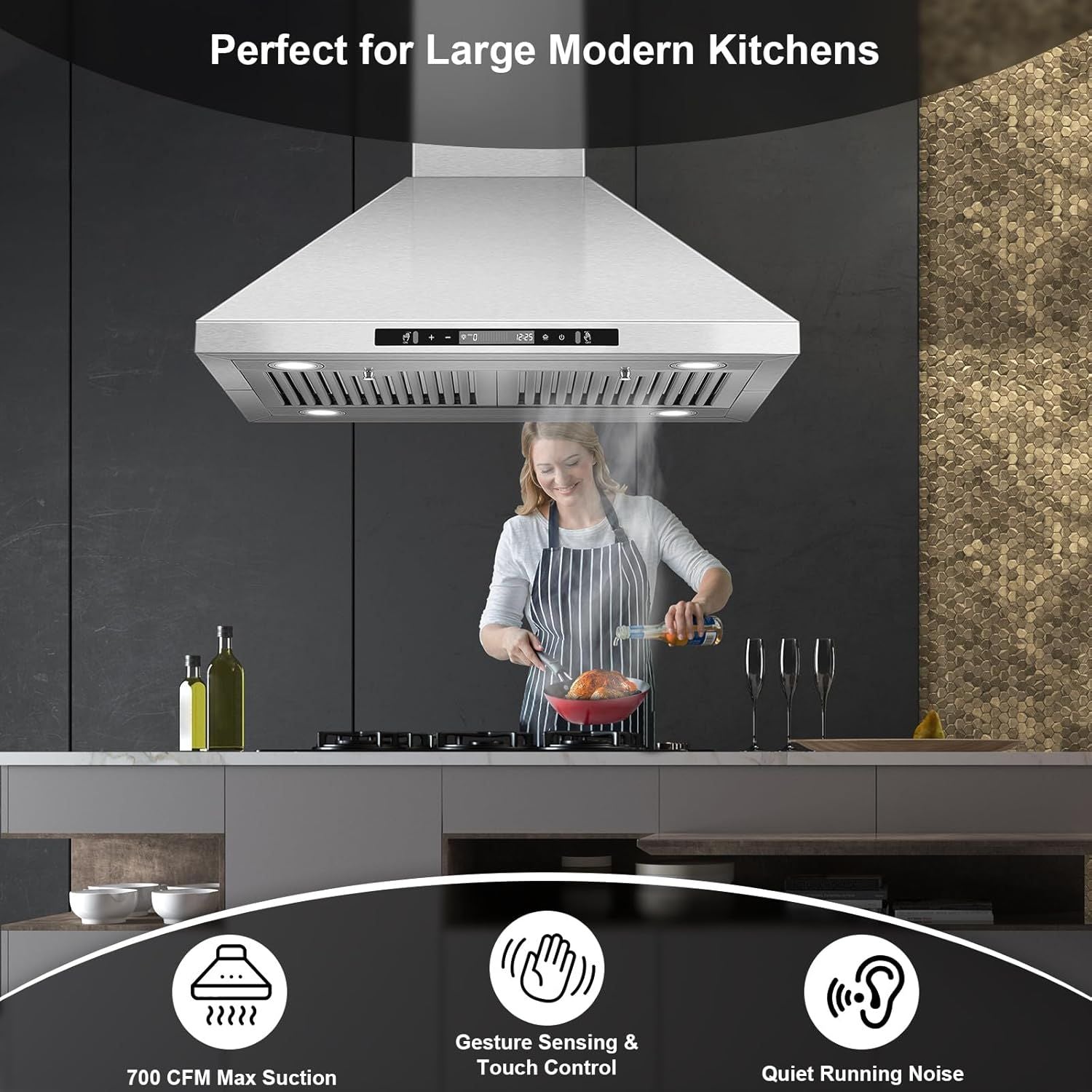 Powerful 700 CFM Island Range Hood with Gesture Control & 4 LED Lights