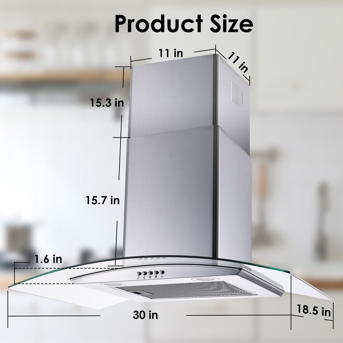 Curved-Glass Wall-Mount Range Hood with Three-Speed Fan