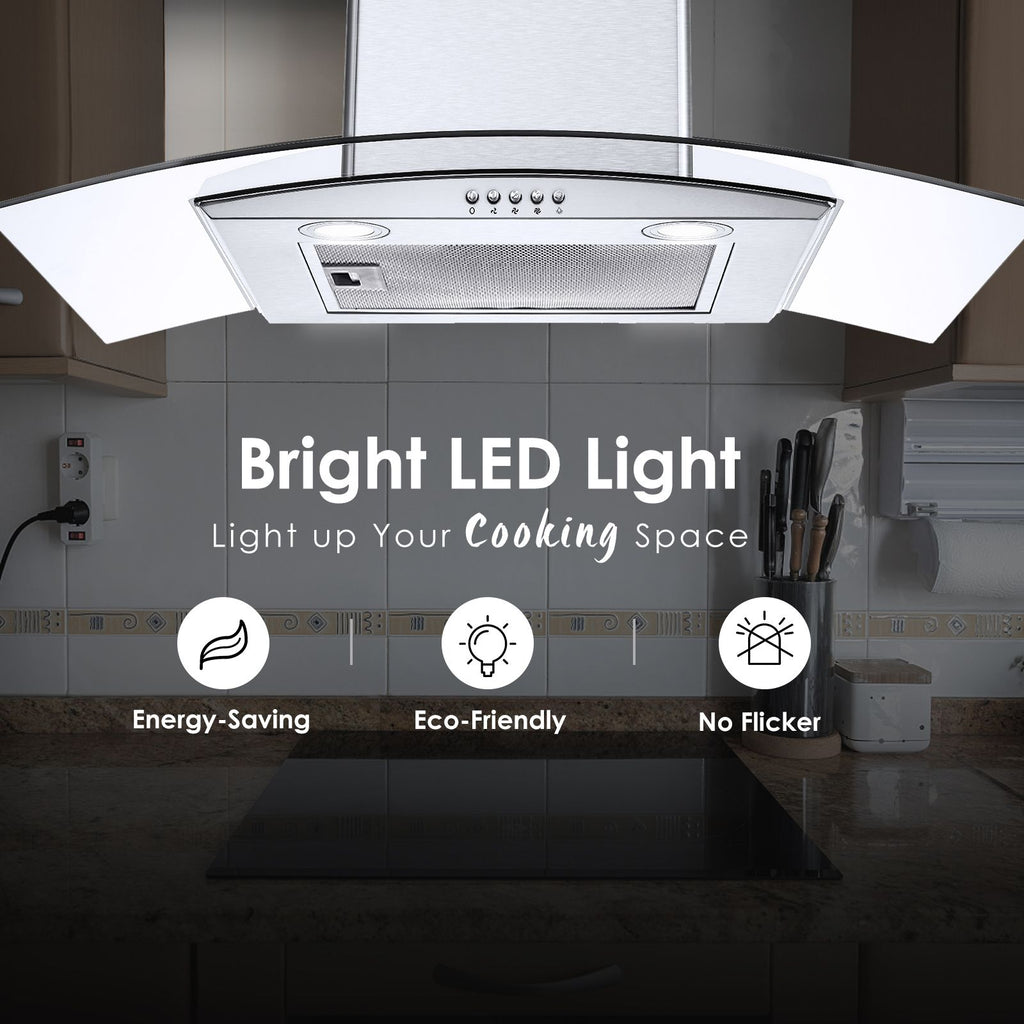 Curved-Glass Wall-Mount Range Hood with Three-Speed Fan