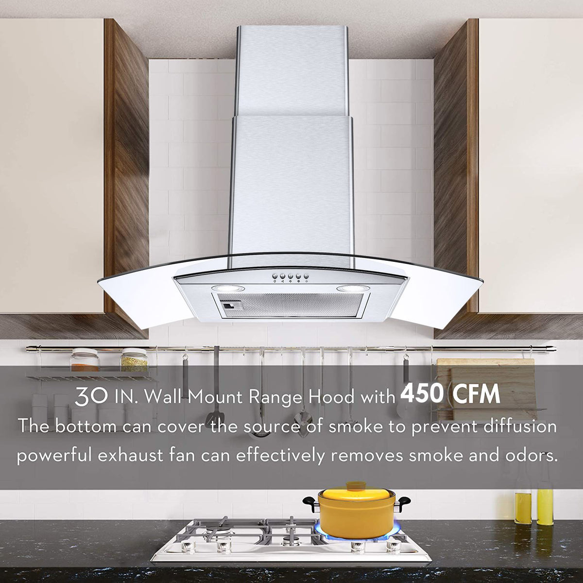 Curved-Glass Wall-Mount Range Hood with Three-Speed Fan