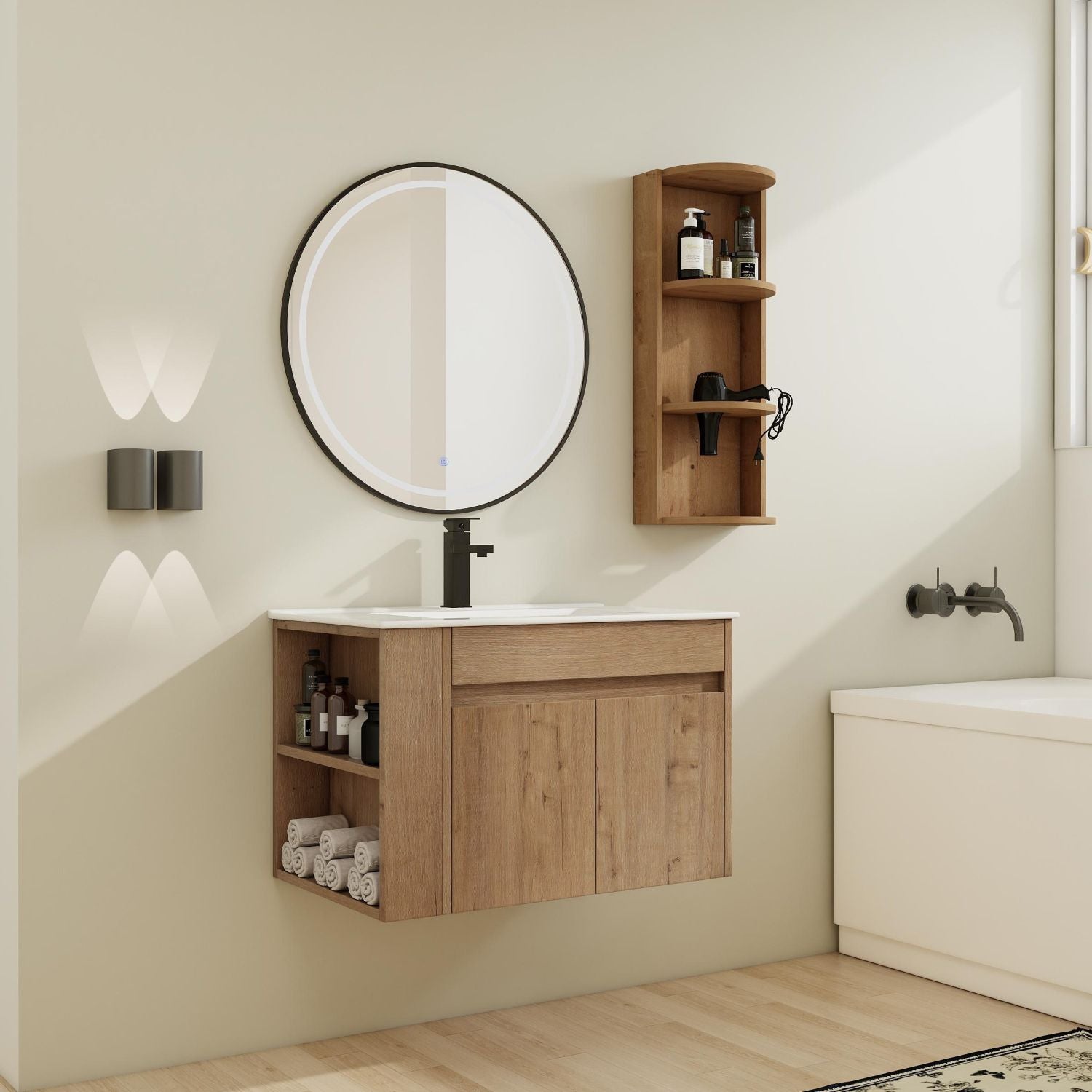 Wall-Mounted Bathroom Vanity With Sink and Storage Rack, Soft Close