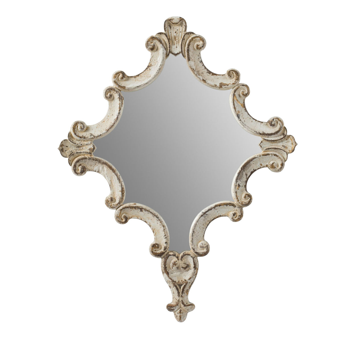 Distressed White Diamond Scrollwork Accent Mirror