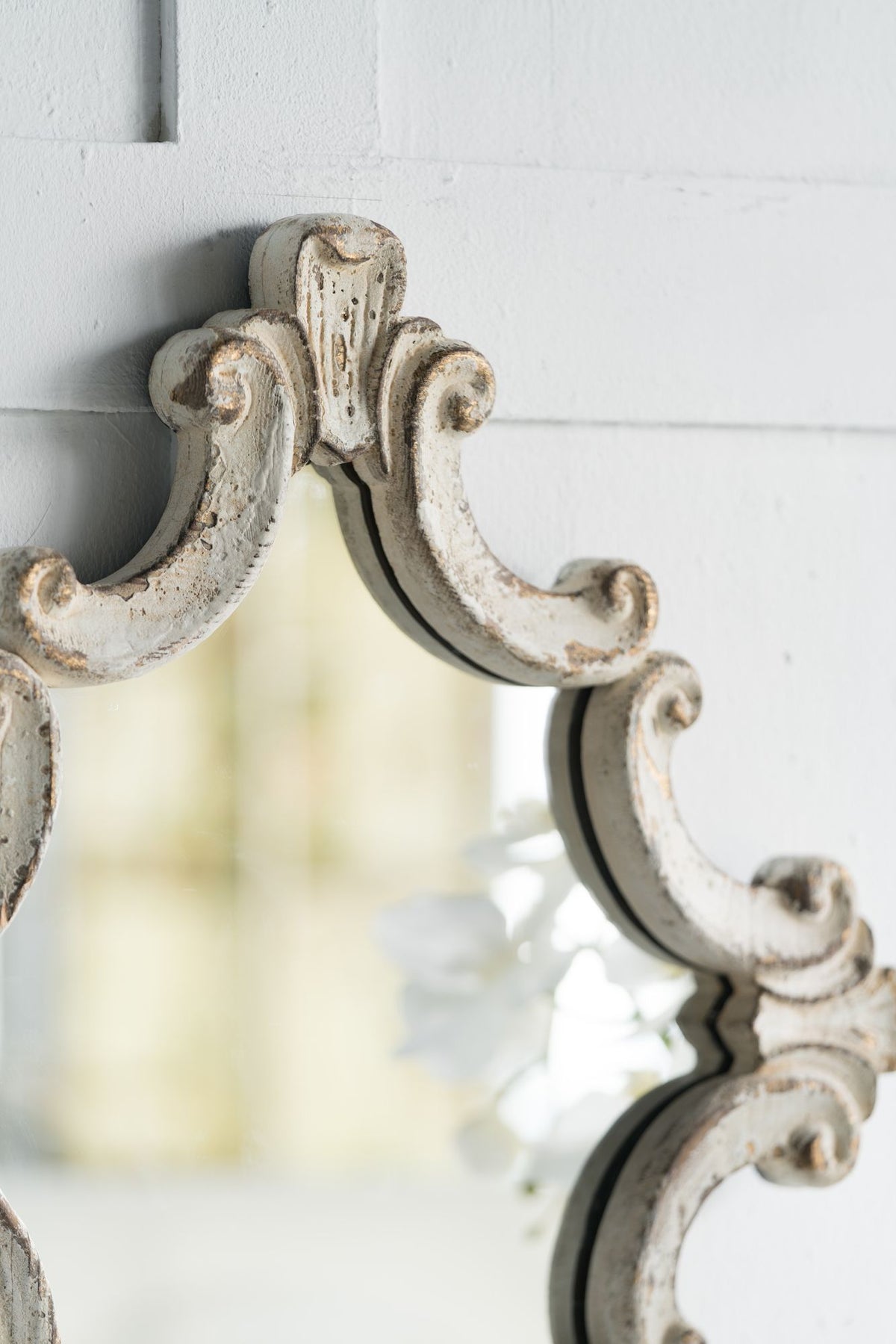 Distressed White Diamond Scrollwork Accent Mirror