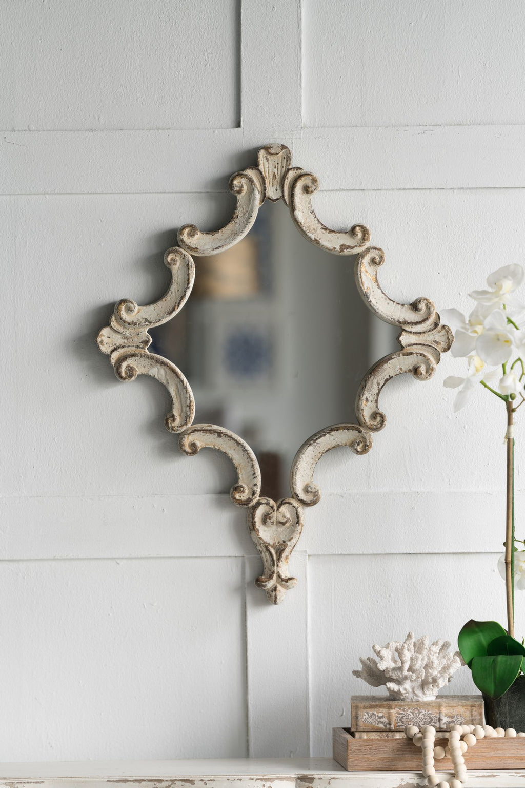Distressed White Diamond Scrollwork Accent Mirror