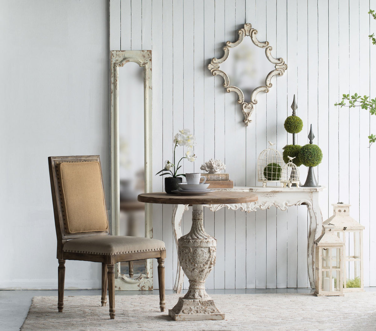 Distressed White Diamond Scrollwork Accent Mirror