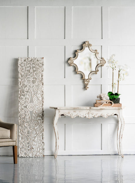 Distressed White Diamond Scrollwork Accent Mirror