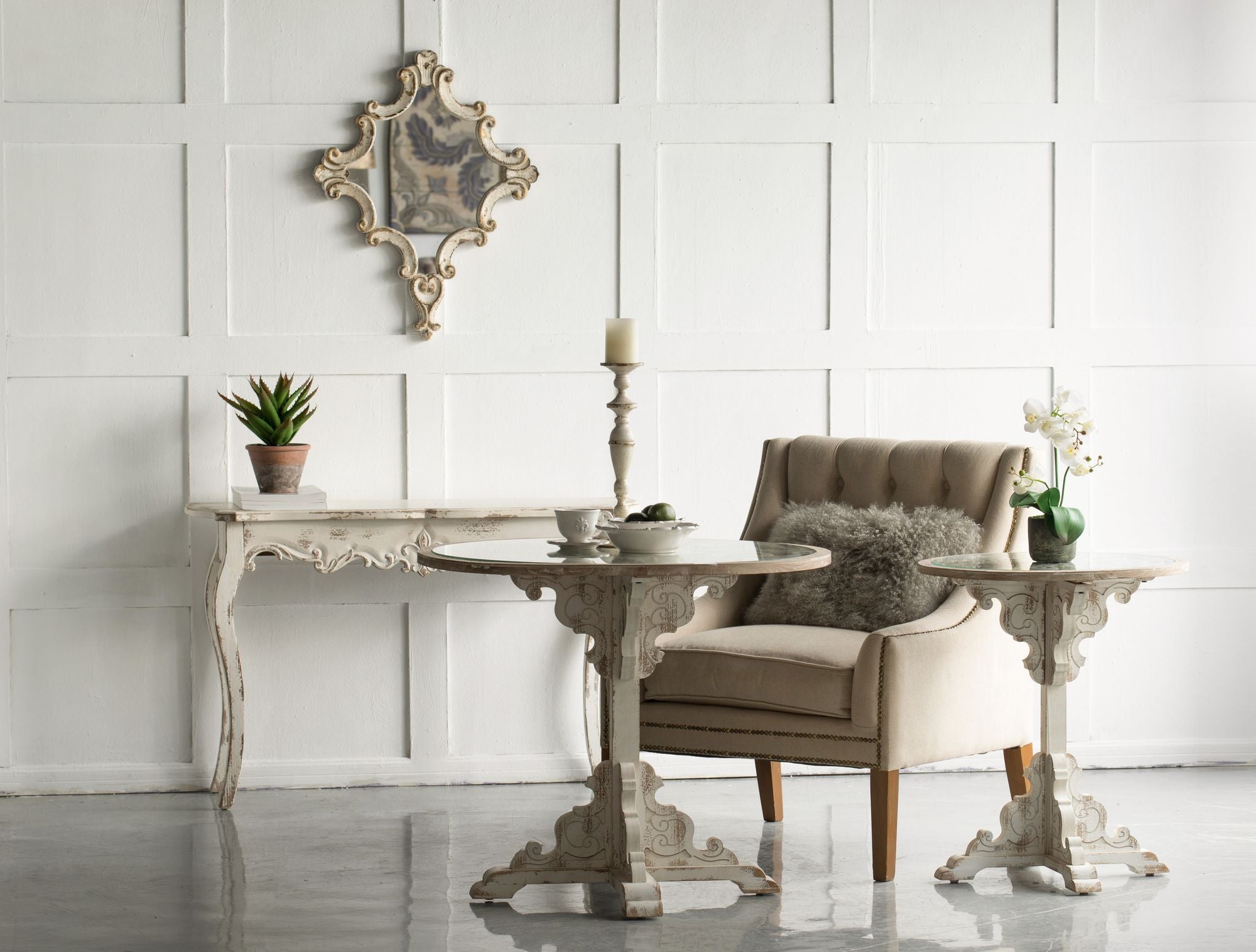 Distressed White Diamond Scrollwork Accent Mirror