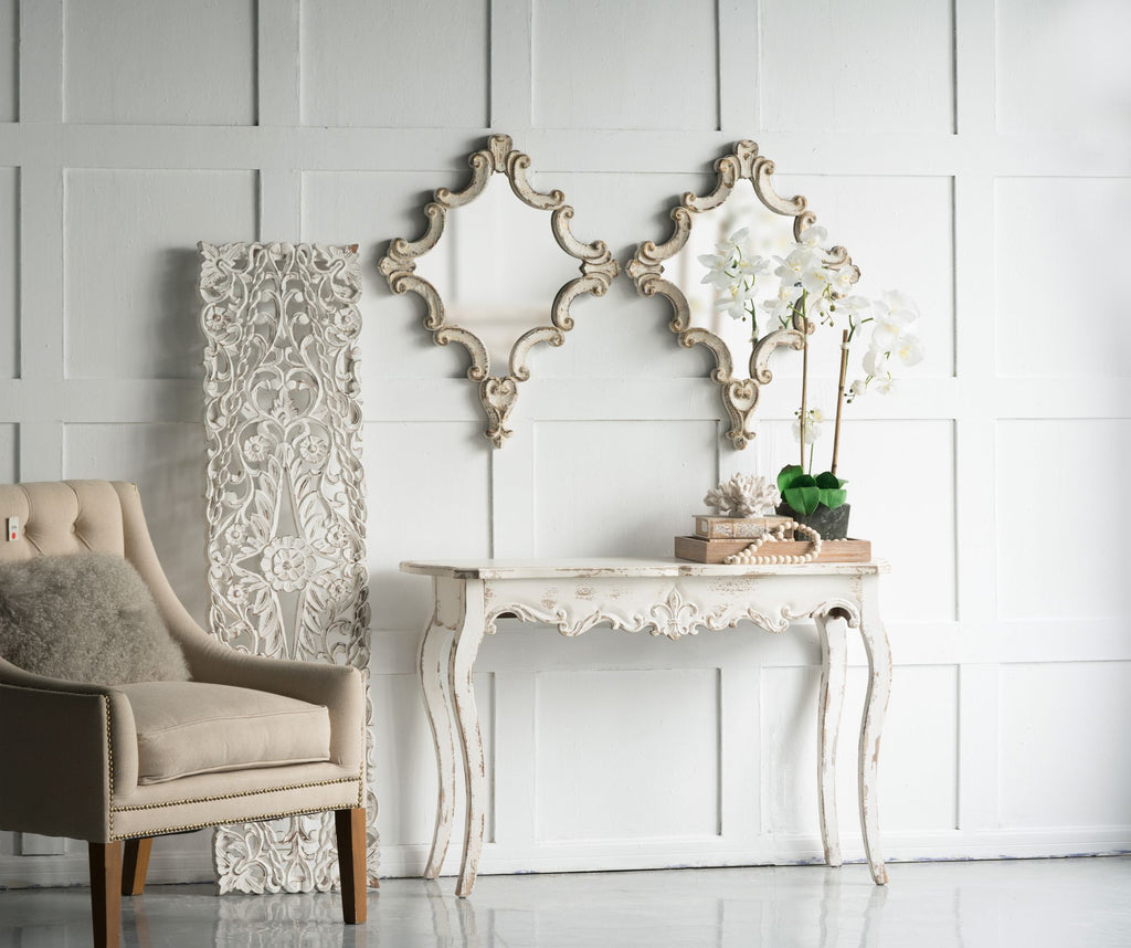 Distressed White Diamond Scrollwork Accent Mirror
