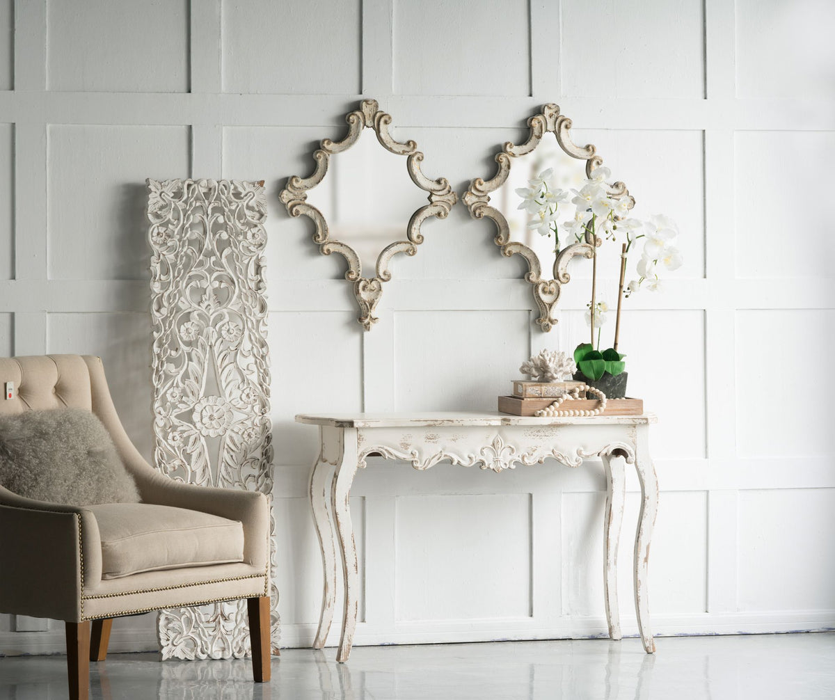 Distressed White Diamond Scrollwork Accent Mirror