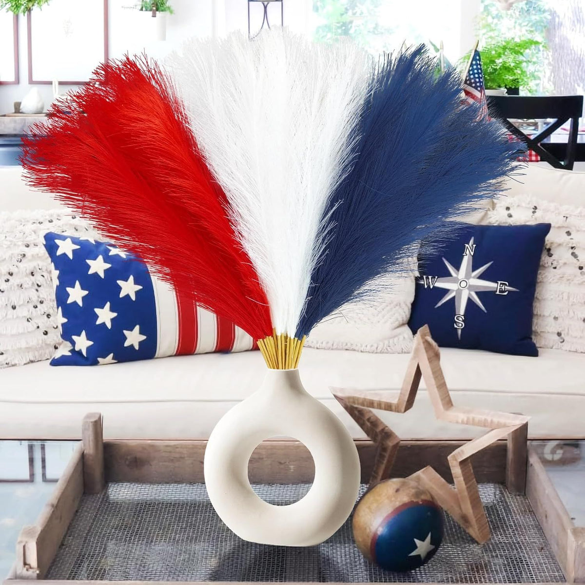 Red, White and Blue Faux Pampas Stems