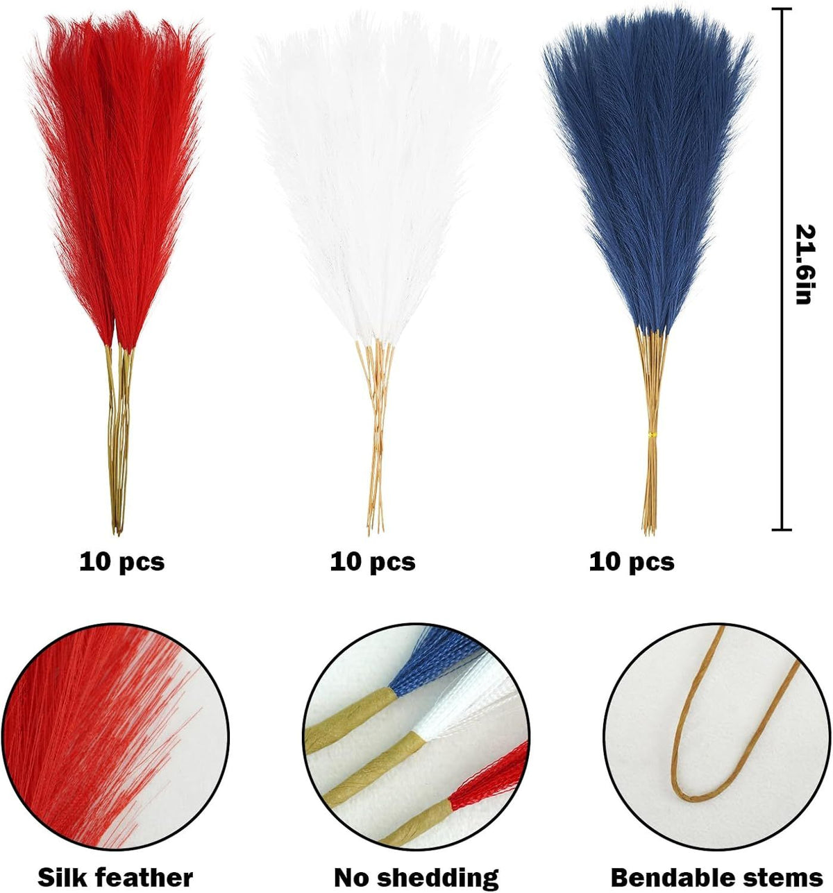 Red, White and Blue Faux Pampas Stems