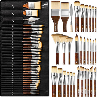 30-Piece Professional Paint Brush Set with Spatula & Cloth Roll for Artists and Beginners