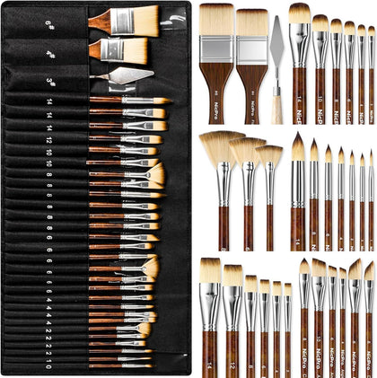 30-Piece Professional Paint Brush Set with Spatula & Cloth Roll for Artists and Beginners