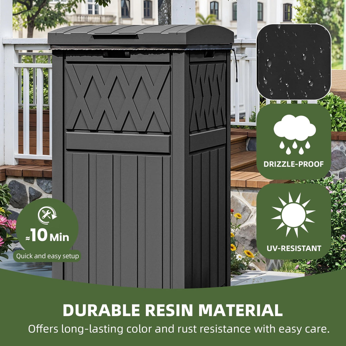 Outdoor Trash Bin with Double Lid and Slide Tray