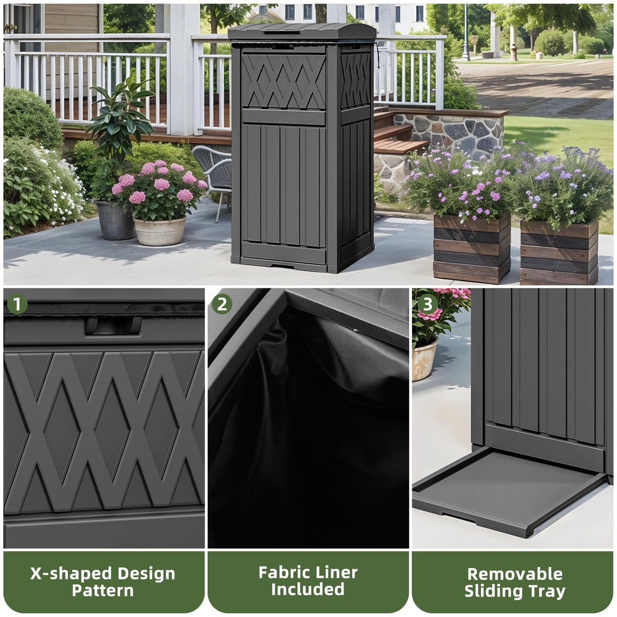 Outdoor Trash Bin with Double Lid and Slide Tray