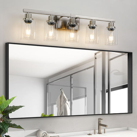 31- Modern 5-Light Bathroom Vanity Light Fixture in Brushed Nickel with Clear Glass Shades