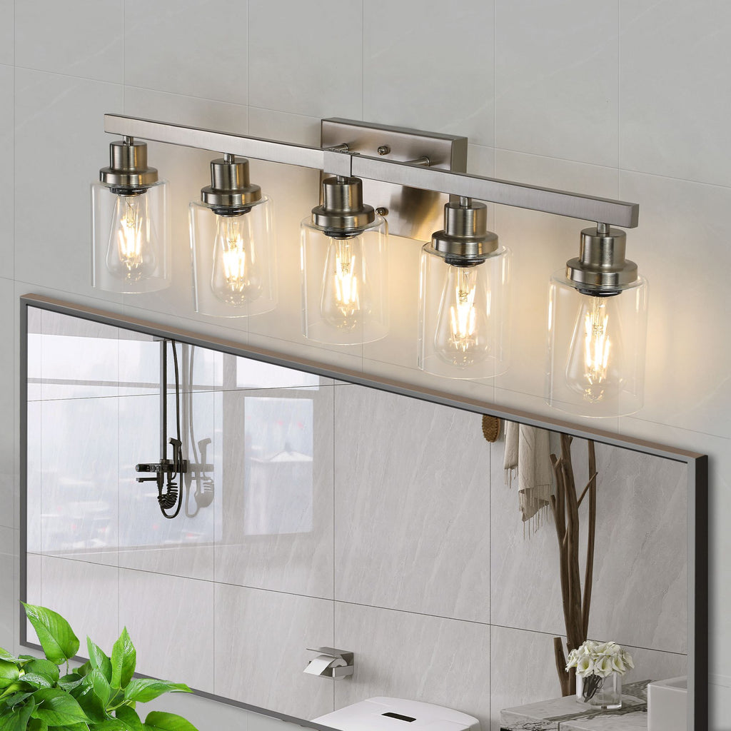 31- Modern 5-Light Bathroom Vanity Light Fixture in Brushed Nickel with Clear Glass Shades