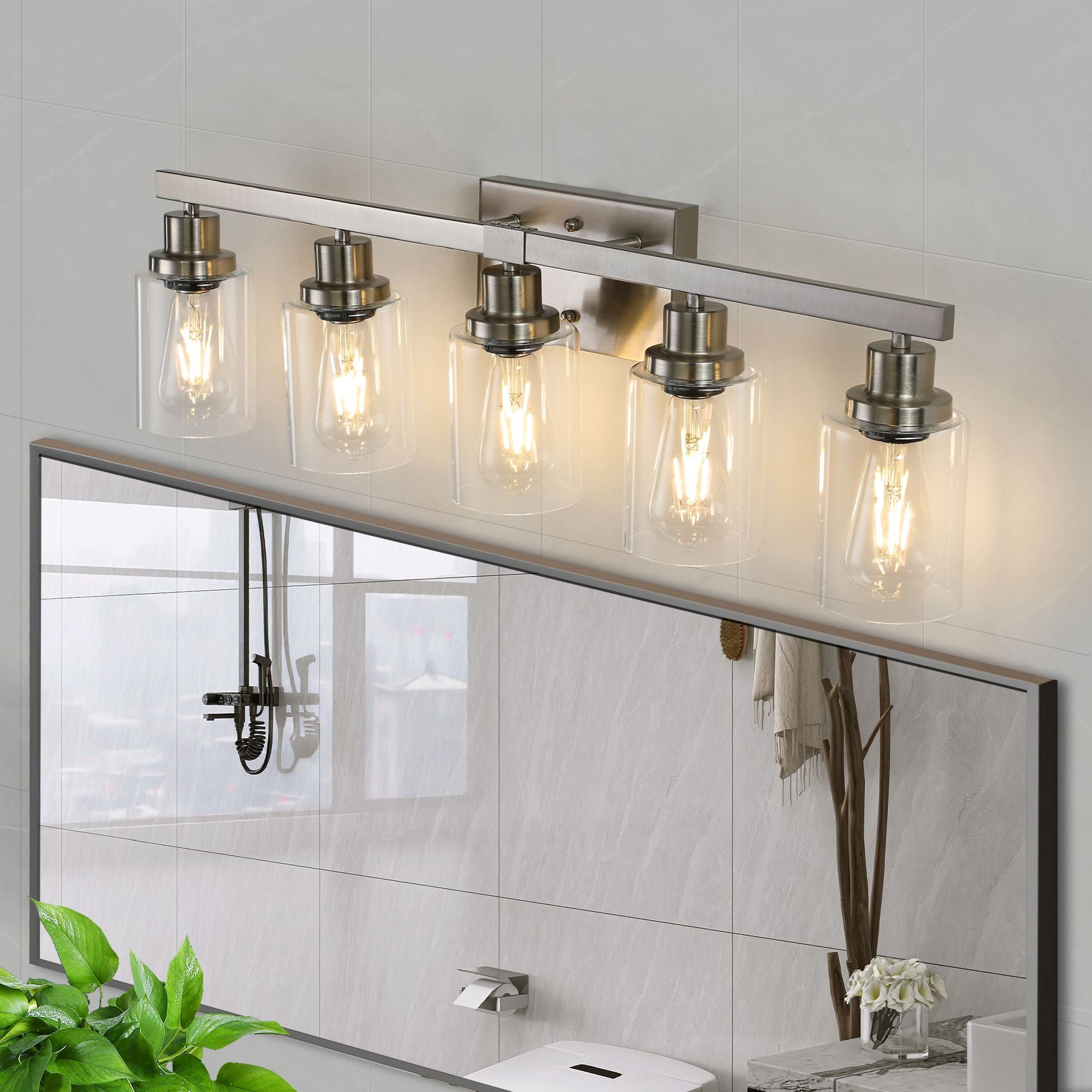 31- Modern 5-Light Bathroom Vanity Light Fixture in Brushed Nickel with Clear Glass Shades