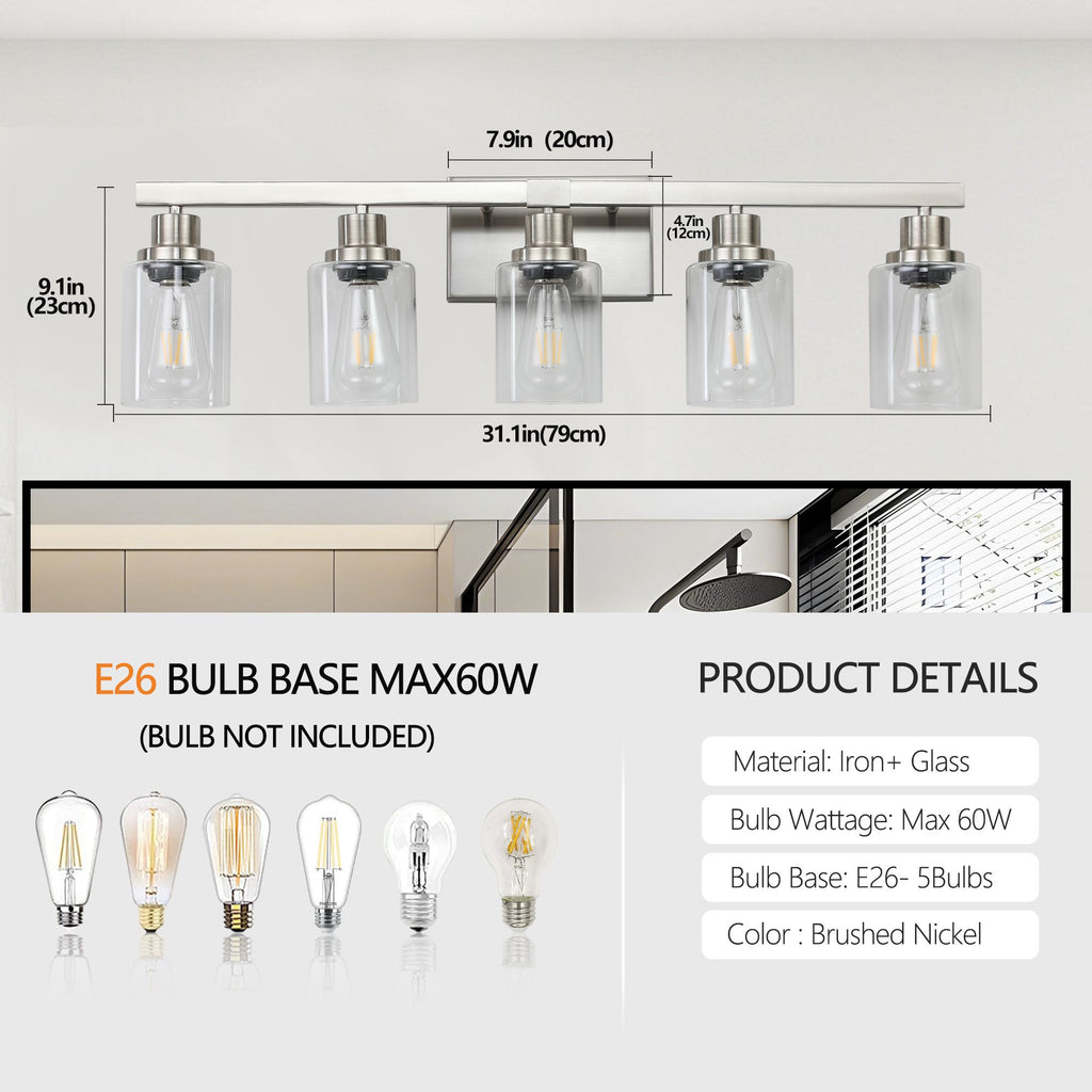 31- Modern 5-Light Bathroom Vanity Light Fixture in Brushed Nickel with Clear Glass Shades