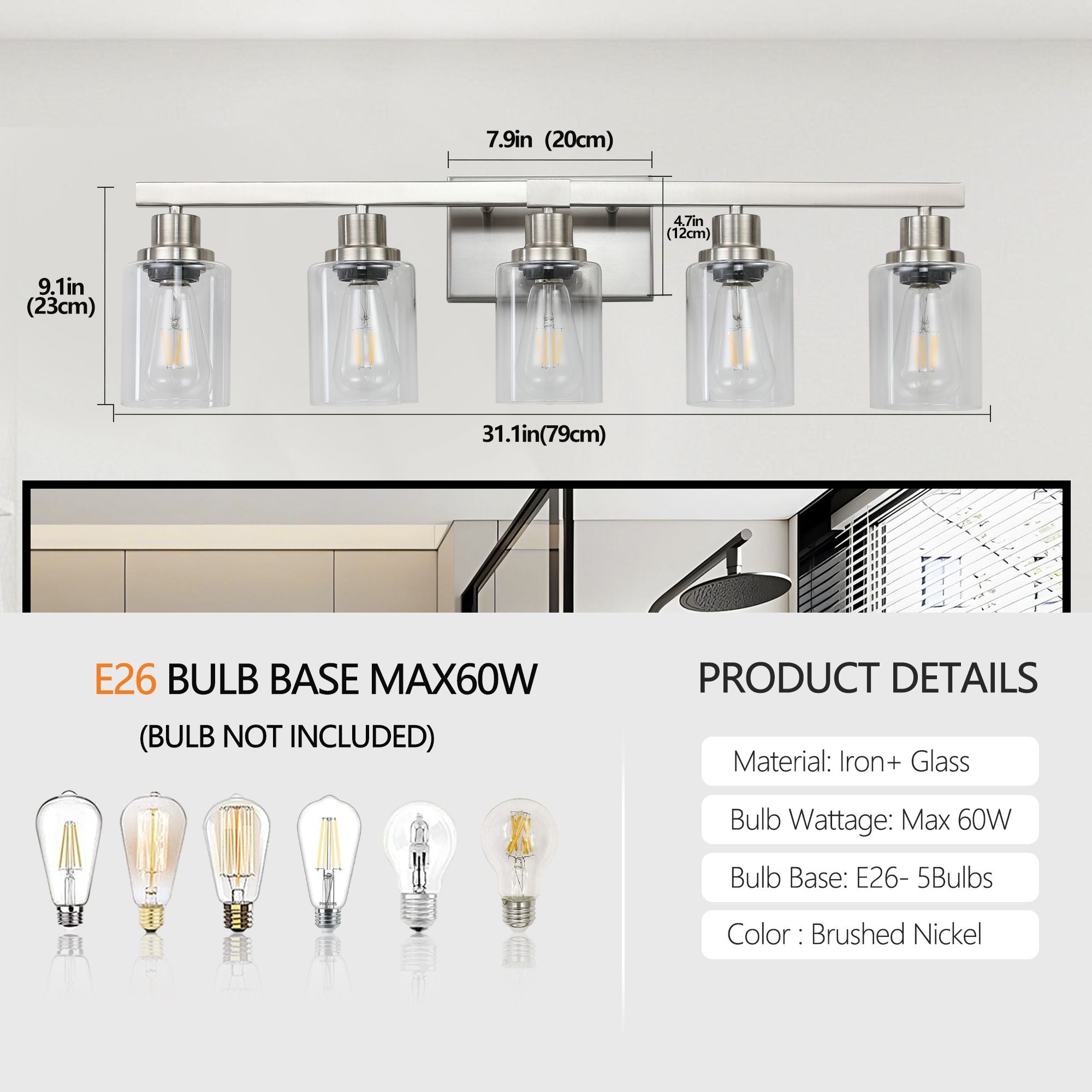 31- Modern 5-Light Bathroom Vanity Light Fixture in Brushed Nickel with Clear Glass Shades