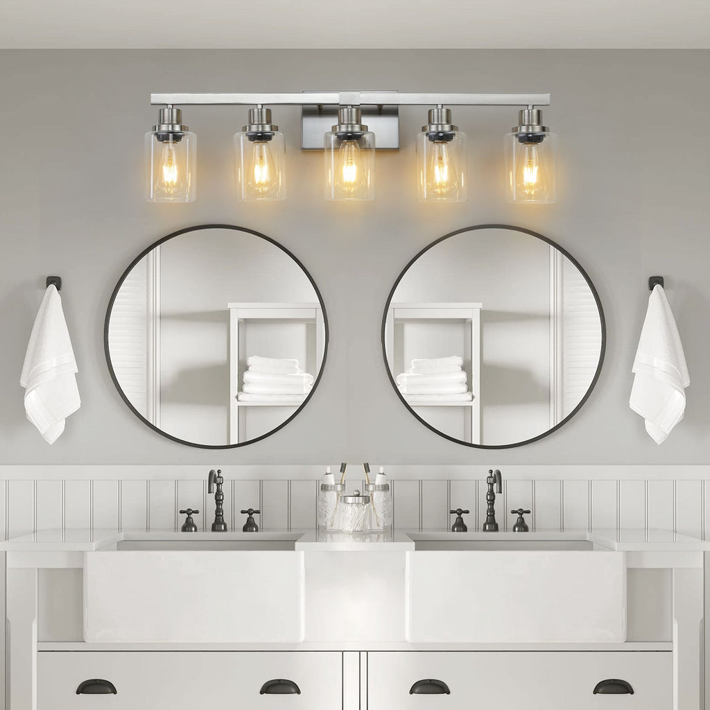 31- Modern 5-Light Bathroom Vanity Light Fixture in Brushed Nickel with Clear Glass Shades