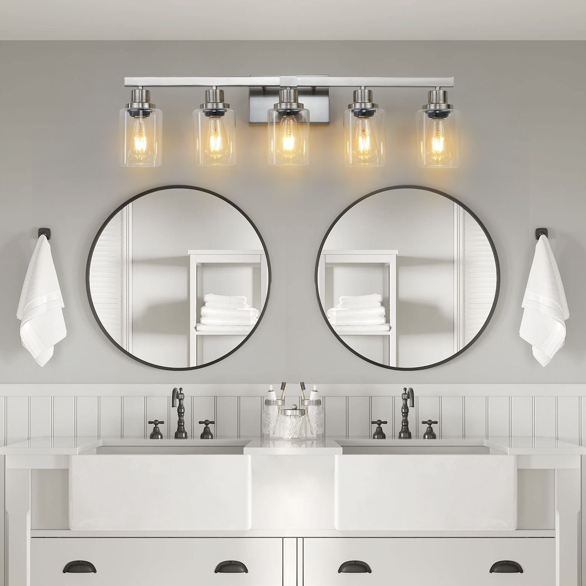 31- Modern 5-Light Bathroom Vanity Light Fixture in Brushed Nickel with Clear Glass Shades