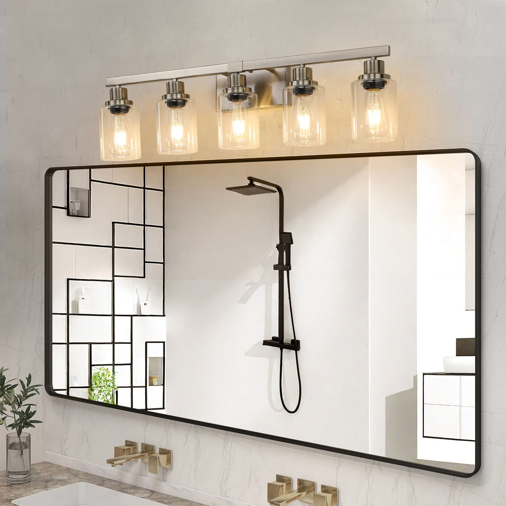 31- Modern 5-Light Bathroom Vanity Light Fixture in Brushed Nickel with Clear Glass Shades
