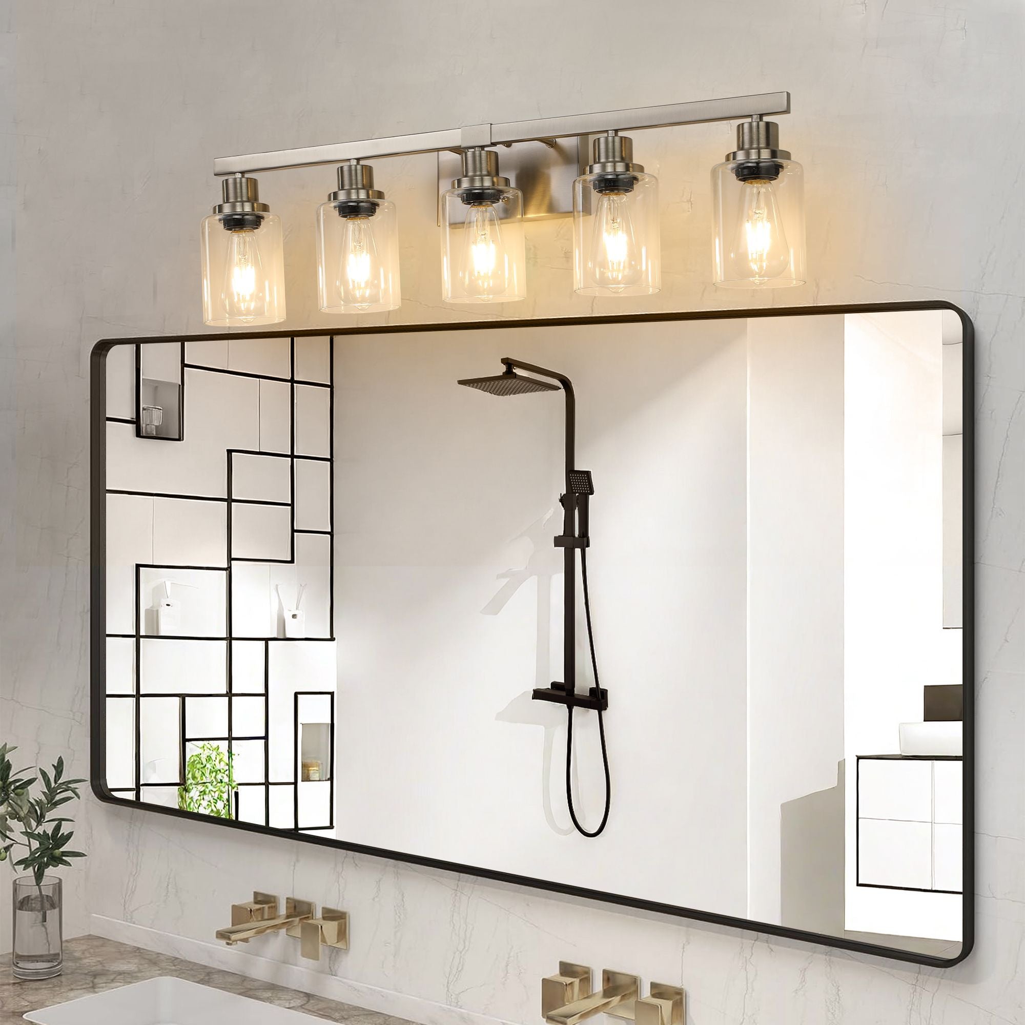 31- Modern 5-Light Bathroom Vanity Light Fixture in Brushed Nickel with Clear Glass Shades