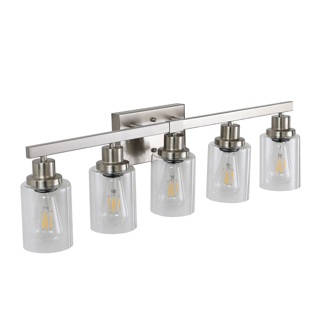 31- Modern 5-Light Bathroom Vanity Light Fixture in Brushed Nickel with Clear Glass Shades