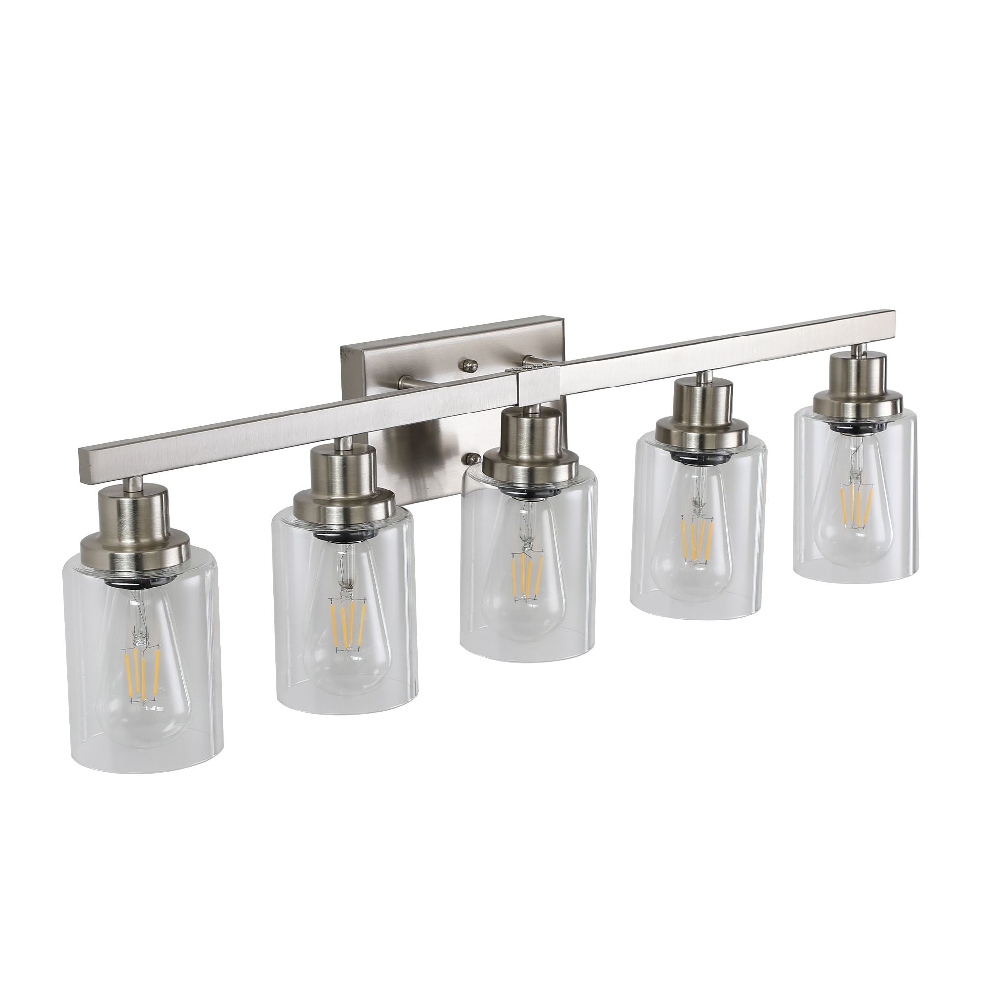 31- Modern 5-Light Bathroom Vanity Light Fixture in Brushed Nickel with Clear Glass Shades