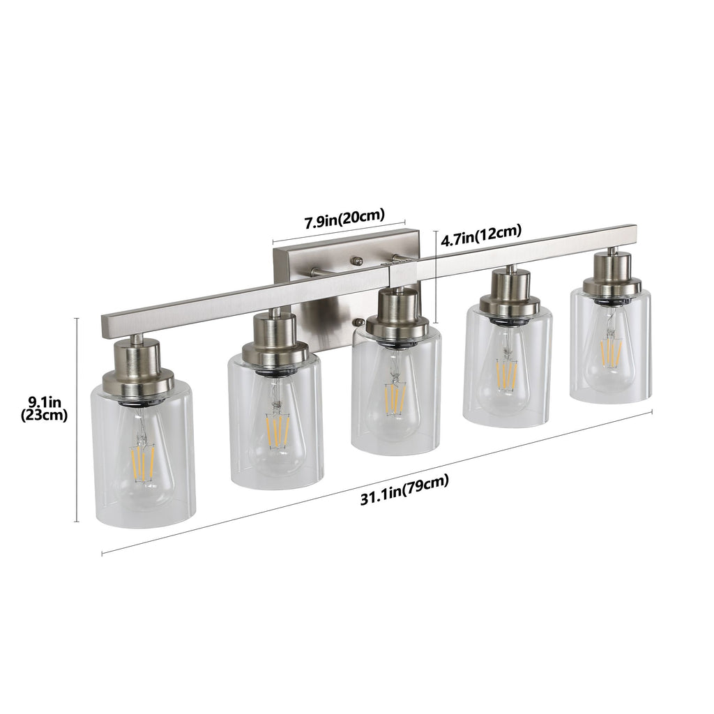 31- Modern 5-Light Bathroom Vanity Light Fixture in Brushed Nickel with Clear Glass Shades