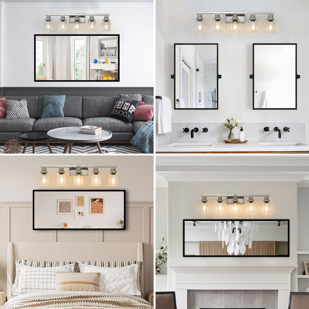 31- Modern 5-Light Bathroom Vanity Light Fixture in Brushed Nickel with Clear Glass Shades