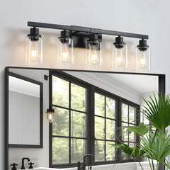 Modern Black Five-Light Vanity Fixture with Clear Shades