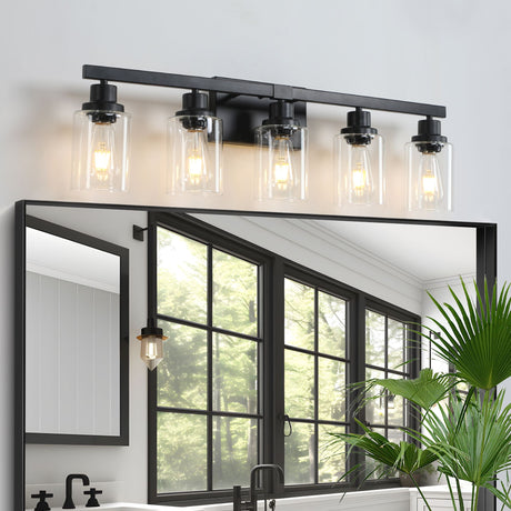 Modern Black Five-Light Vanity Fixture with Clear Shades