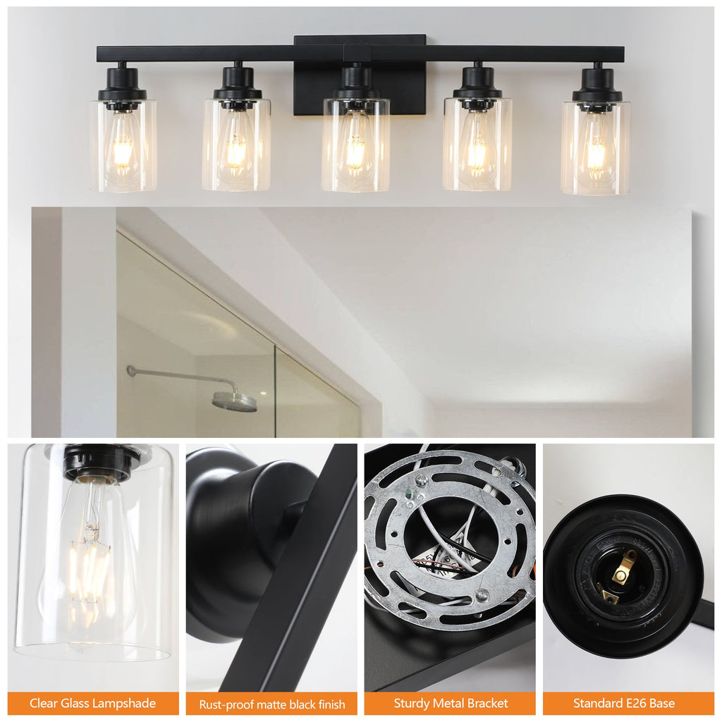 Modern Black Five-Light Vanity Fixture with Clear Shades