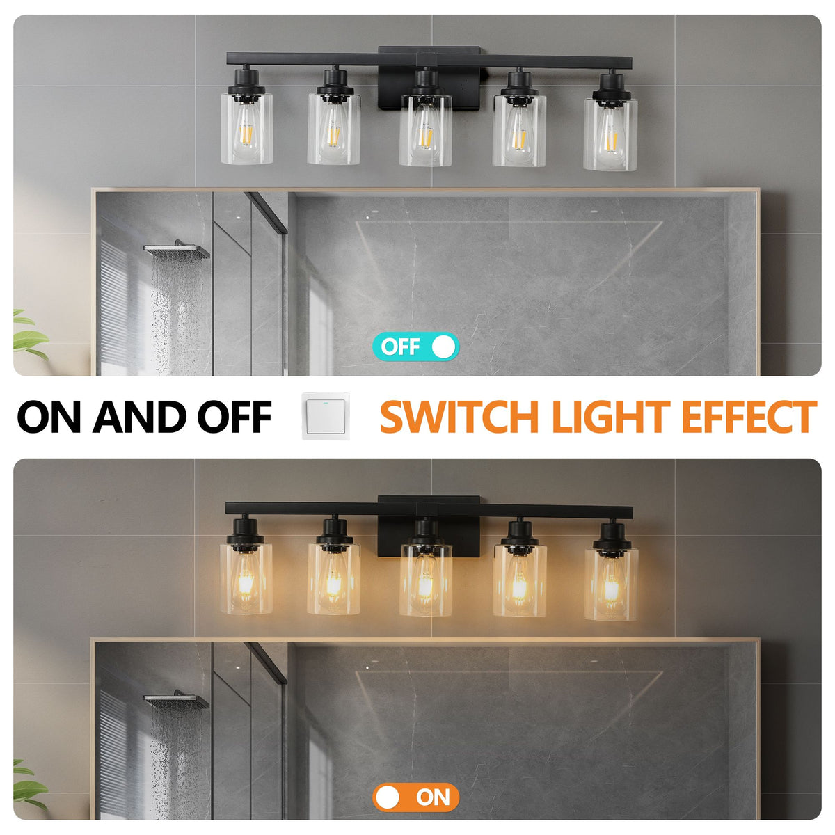 Modern Black Five-Light Vanity Fixture with Clear Shades